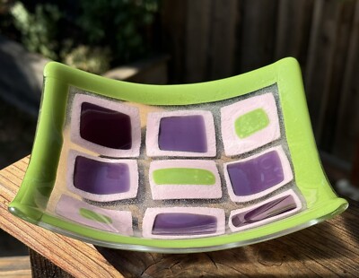 MCM Fused Studio Art Glass, Square Trinket Dish, Checkered/ Green, Pink & Purple-image