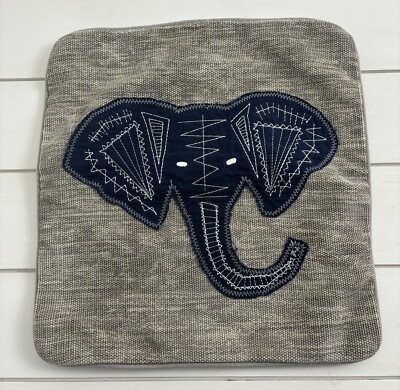 POTTERY BARN KIDS Elephant Pillow Cover 16x16 Gray Navy Jungle Embroidered-image