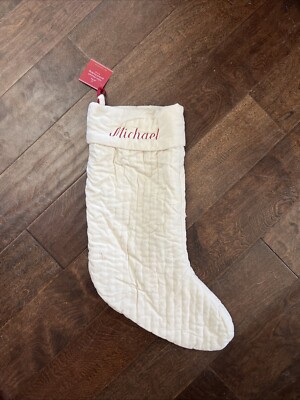 New Pottery Barn Channel Quilted Velvet Christmas Ivory Medium Stocking *Michael-image