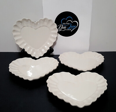 NEW RARE Pottery Barn S/4 WHITE Scalloped Heart Appetizer Plates Valentine's -image