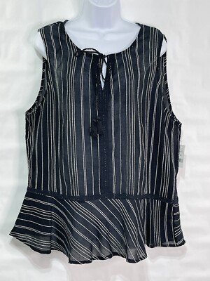 Dip Women’s Sz XL Black/White 100% Cotton Striped Tie Peplum Sleeveless Tank Top-image