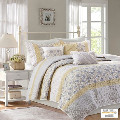 Madison Park Cotton Quilt Set Floral Print All Season Queen King Bedding Laye-image