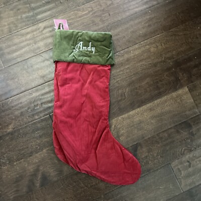 NWT Pottery Barn Classic Large Red Green Velvet Christmas Stocking Mono Andy-image