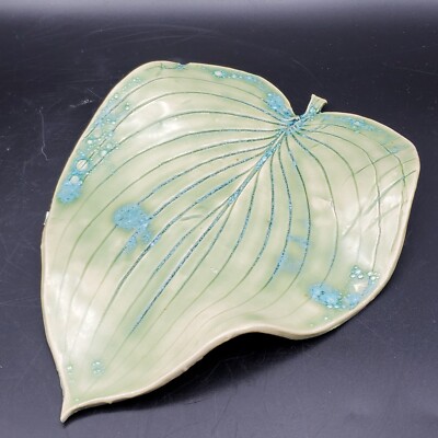 Leaf Shaped Studio Art Pottery Handmade Dish ~  Bowl ~ Signed ~ 9 X 7-image