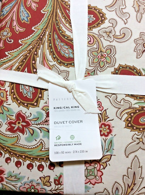 Pottery Barn Charlie Paisley Floral King Duvet Cover NWT! Red 100% Cotton-image