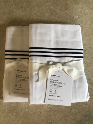 Set/2 Pottery Barn Grand Embroidered Standard Shams Midnight Blue NWT Gorgeous!!-image