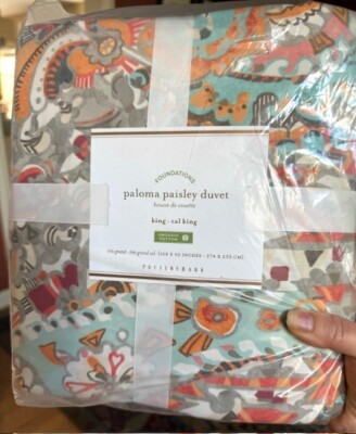Pottery Barn Paloma Paisley Duvet King Floral Cotton Blue Orange Clementine 🦩-image