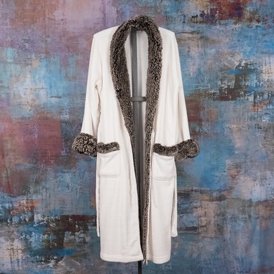 Pottery Barn Plush Bathrobe White w/ Brown Faux Fur Collar Women's Size LARGE-image
