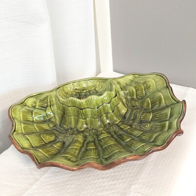 Vtg Treasure Craft Large Clam Shell Veggie Chip Dip Bowl Green Glaze USA-image