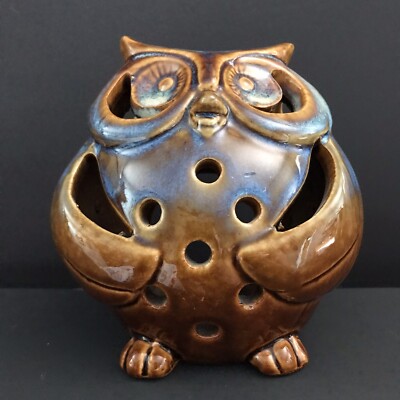 Studio Art Pottery Blue Drip Glaze Owl Votive Holder-image