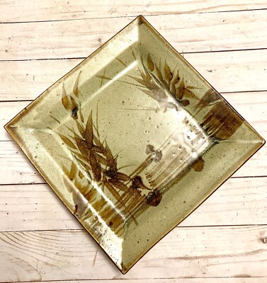 Beautiful Vintage Studio Art Pottery Square Tray Tan Brown Drip Glaze-image