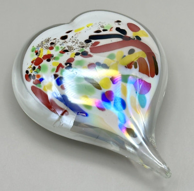 Studio Art Glass Heart Shape Paperweight Multi-Colored Clear White Gold Unmarked-image