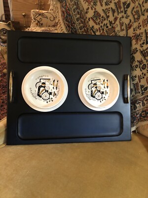 Vintage 1959 Woodpecker Woodware Tray With Ceramic Dip Bowls Dishes Black Japan-image