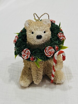 Pottery Barn BOTTLEBRUSH POLAR BEAR w/ WREATH ORNAMENT Christmas Tree Candy Cane-image
