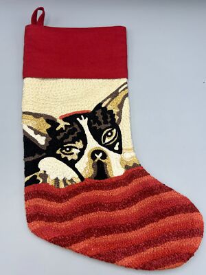 Pottery Barn Dog Christmas Stocking Bulldog Boston Terrier Crewel 15
