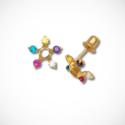 14K Yellow Gold Star Shaped Multi Color Stud Earring For Women-image