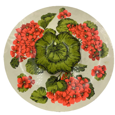 Vintage Melamine Chip & Dip Serving Platter Spring Floral Retro Green And Orange-image