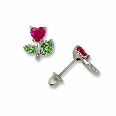 14K Solid Gold Flower Heart Shaped CZ Screw Back Studs w/ Ruby & Emerald Stones-image