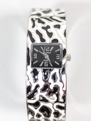 Studio Womans Black Dial White Black Silver Tone Hinge Bracelet Watch 6.75 Inch-image