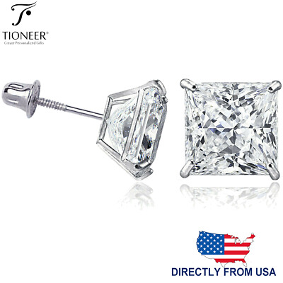 14K White Gold Square Princess Cut Cubic Zirconia Screw Back Ear Stud Earrings-image