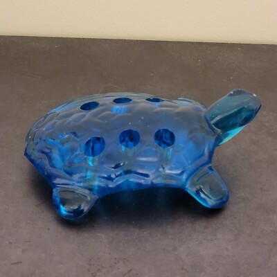 Northwood Blue 6 Hole Glass Turtle Shaped Flower Frog *AS IS*-image