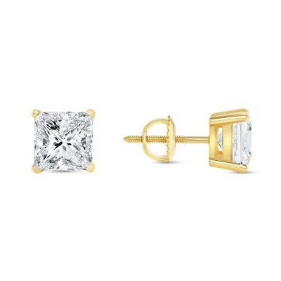 5 Ct Princess Cut Earrings Studs Real Solid 18K Yellow Gold Screw Back Basket-image
