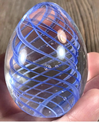 Egg Shaped Studio Art Glass Paperweight Blue Clear Swirl 2.5” Collectible Figure-image