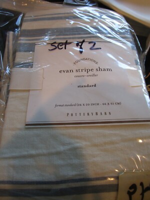 2 Pottery Barn Evan stripe blue standard  shams  New w tag-image