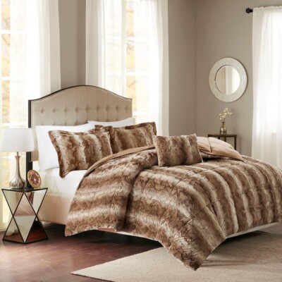 Madison Park Zuri Soft Plush Comforter Set Faux Fur Animal Stripes Design-image
