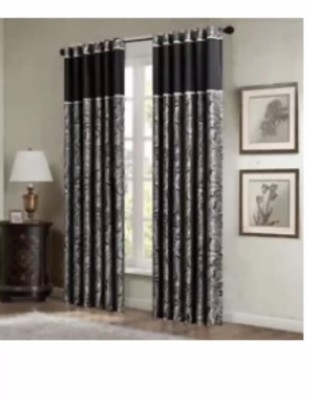 Set of 2 Black & Gold Paisley Motif Window Panels - Rod Pocket or Back Tab Top-image