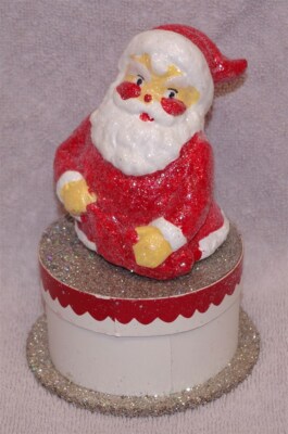 DARLING VINTAGE BRIGHT & GLITTERY ROSY-CHEEKED SANTA CANDY BOX POTTERY BARN, NEW-image