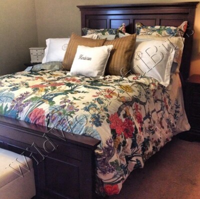 Pottery Barn Zinnia Bird Floral Duvet Cover Red Teal Blue Queen 2 Std Sham Rare-image