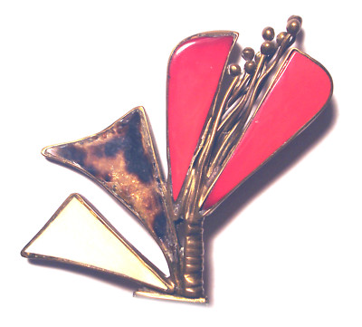 STUDIO Mid Century MODERNIST Abstract RED CORAL FLOWER Bronze HAND WROUGHT PIN -image