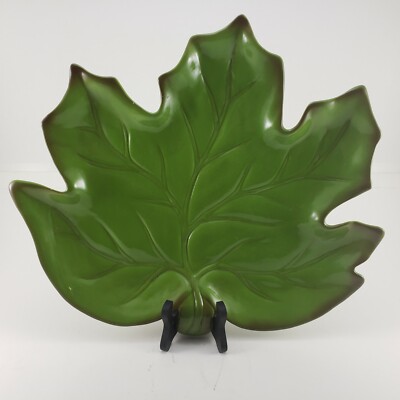 M Studios Serving Platter Rare Large Leaf Shaped Green with Brown Accents 16