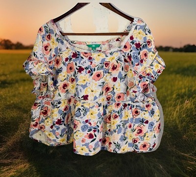 Womens L Ruffle Sleeve Floral Cropped Top Boxy Oversize Raw Hem 100% Cotton-image