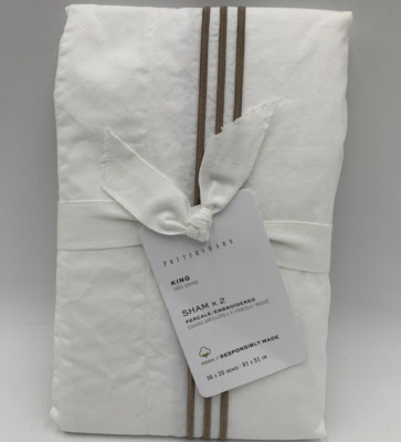 Pottery Barn Grand Organic Percale Embroidered Sham S/2 Taupe King #65A-image