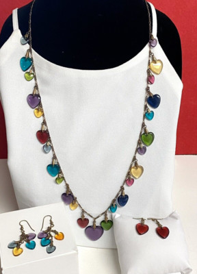 VTG GLASS WORKS STUDIO Heart Charm 30” Necklace+2 Pair of Matching Earrings RARE-image