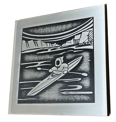 Vintage Orchard Studio Original handcrafted Canoeing Eskimo Inuit Etching Plaque-image