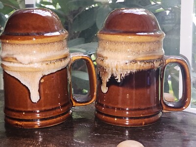 Salt Pepper Shaker Brown Drip Glaze Vintage Stove Top Large 5