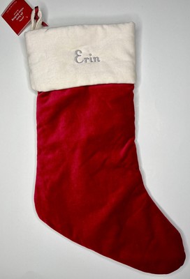 POTTERY BARN CLASSIC VELVET CHRISTMAS STOCKING *ERIN* RED IVORY NEW MEDIUM NWT-image