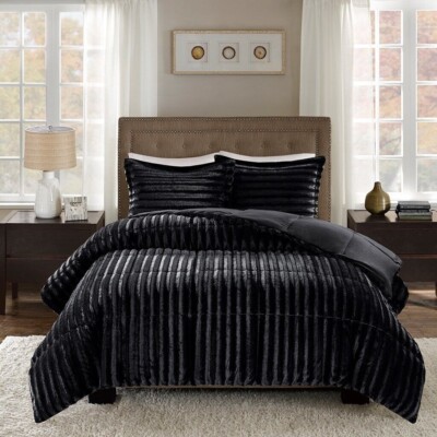Luxury 3pc Black Faux Fur Comforter AND Decorative Pillow Shams  Full - Queen-image