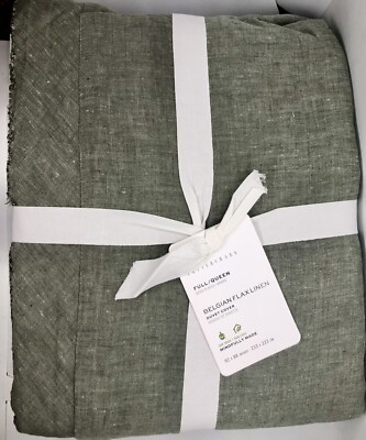 Pottery Barn Belgian Flax Linen Duvet Cover Full/Queen Loden Green Fringe Flange-image