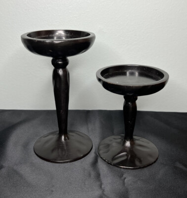 Pottery Barn Outlet Dark Brown Pillar Candle Holders Set Pair 4.5” & 6.5” India-image