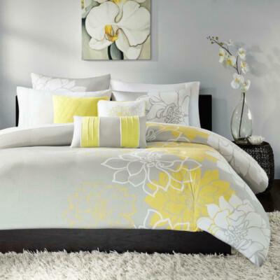 MADISON PARK 6pc Yellow Grey Reversible Cotton Duvet Cover SET NIP-image