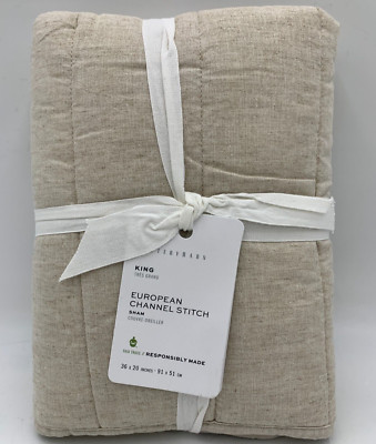 Pottery Barn European Flax Linen Cotton Channel Stitch Sham Oatmeal King #9871C-image