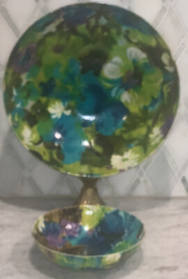 Vtg MCM 2 Chip N Dip Fiberglass Bowls Floral Purple Blue Grn 11”Diam Rnd 3.5”T-image