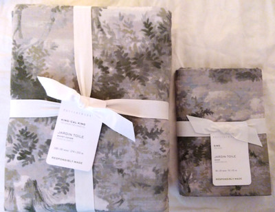 NWT POTTERY BARN Jardin Toile Green KING Duvet Cover & 2 King Shams Set-image