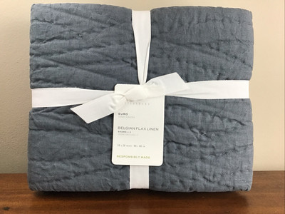 NEW Pottery Barn Belgian Flax Linen Handcrafted Quilted EURO Shams x2 Steel Blue-image