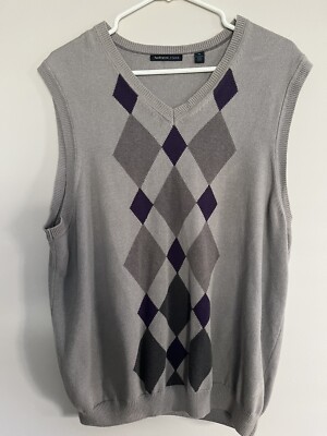 Van Heusen Studio Men V-Neck Vest Gray Purple Diamond Argyle Pattern Size Medium-image