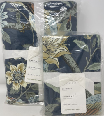 New Pottery Barn Bloom Floral Sateen King Duvet & 2 Standard Shams ~Blue~-image